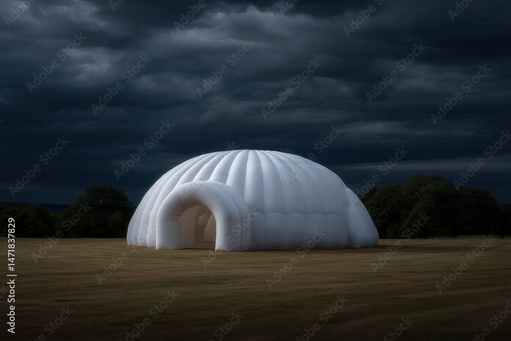 Obraz premium Inflatable Dome Structure: Minimalist White Pavilion under Dramatic Sky