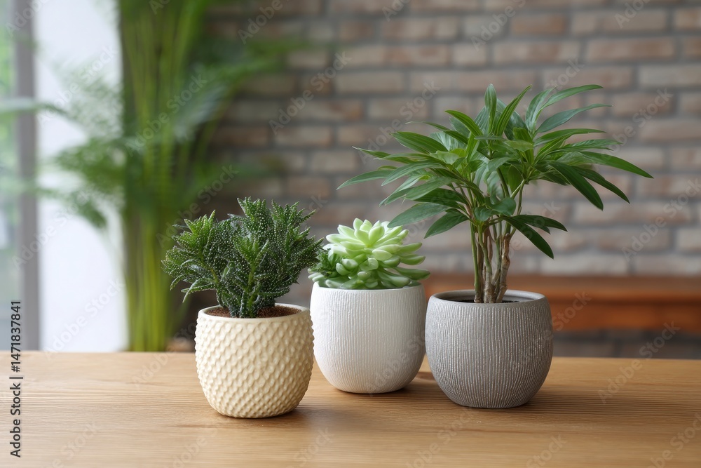 Fototapeta premium Succulents and Tropical Plant Trio in Textured Pots: A Serene Home Decor