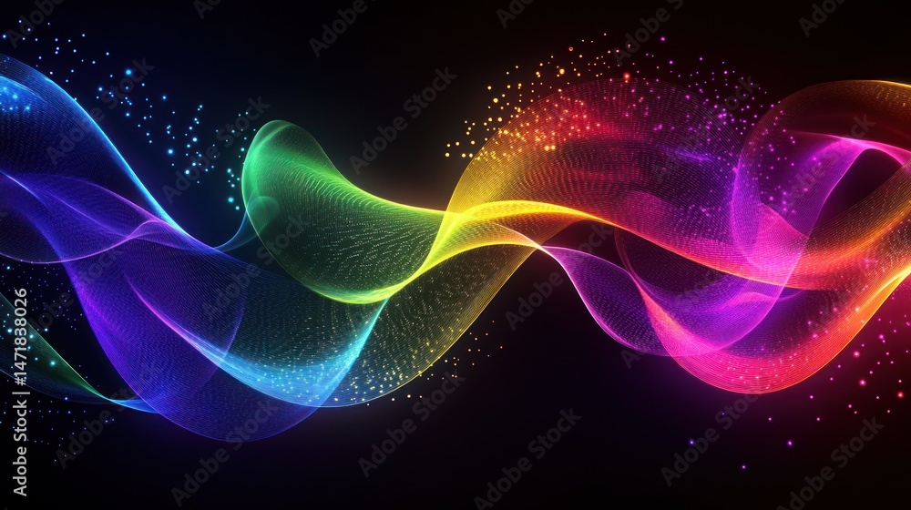 Abstract rainbow waves with glittering particles
