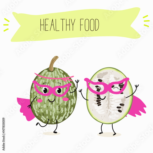 A fig leaf gourd (Cucurbita ficifolia), fruit, vegetable funny character. Vector hand drawn illistration.