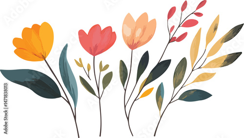  Set of spring postcards with hand drawn flowers. Beautiful romantic flower collection with roses, leaves, 