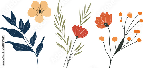  Set of spring postcards with hand drawn flowers. Beautiful romantic flower collection with roses, leaves, 