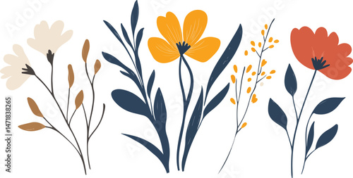 Watercolor wild flowers hand drawn floral illustration set on white background, Collection of spring colorful flower elements vector. Floral boarder of wildflower, 