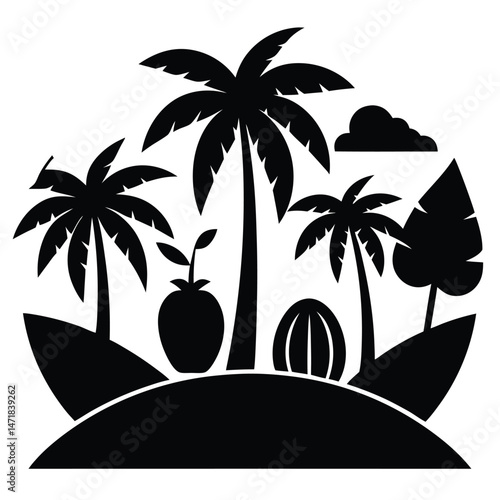 Coastal agroforest garden with coconut, cashew, and mango trees in tropical arrangement.