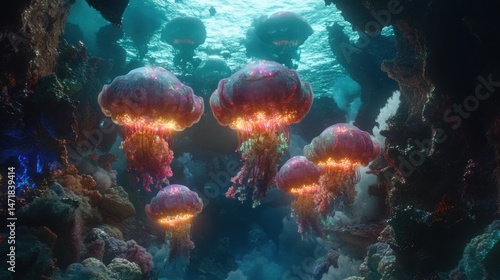 Wallpaper Mural Glowing jellyfish swarm in a vibrant underwater cave Torontodigital.ca