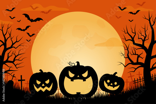 満月とカボチャのシルエットのハロウィン背景_ベクターイラスト