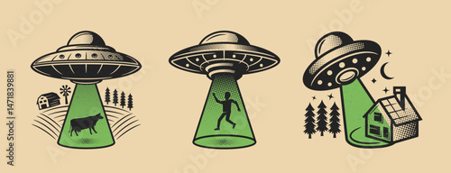 Alien abductions illustrations flying saucers capturing a cow, human, and house in vintage sci-fi style. Perfect for prints, stickers, t-shirts designs. Vector illustration.