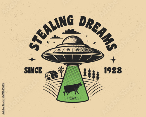 Vintage UFO logo. UFO cow abduction over farm. Perfect for t-shirt print, stickers, badges designs. Vector illustration.