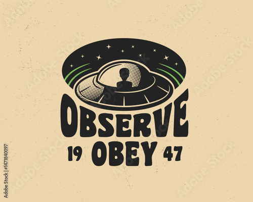 Retro UFO logo featuring alien silhouette inside flying saucer. Perfect for t-shirts, posters, stickers, and sci-fi designs. Vector illustration
