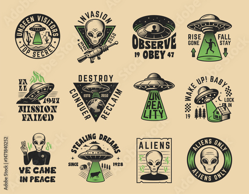 12 UFO logo set with spaceships, aliens, and sci-fi themes. Perfect for t-shirt designs, stickers, patches, posters, and branding. Vector illustration.