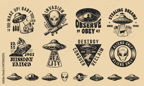 Vintage hipster logo templates and 8 design elements for UFO and Aliens products. UFO, Aliens, Abduction emblems templates. Aliens spaceship icons. Vector illustration
