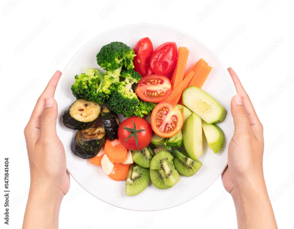 Healthy Plate of Colorful Vegetables and Fruits in Hands Isolated on Transparent Background