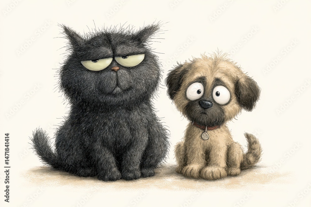 Fototapeta premium Two whimsical cartoon animals seated close together.