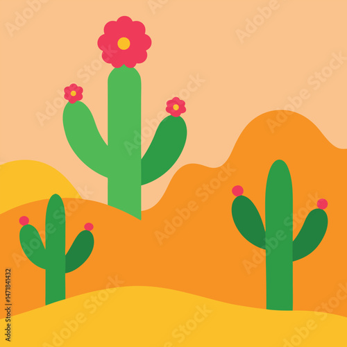 Desert floral landscape illustration featuring cacti, succulents, and arid plant life.