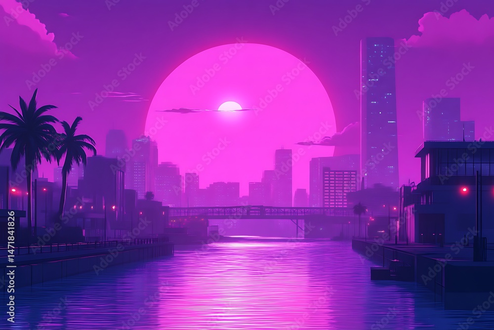 Obraz premium Purple Cityscape with Water and Palm Trees