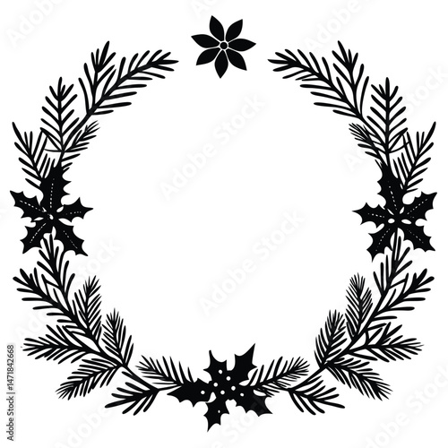 Black and white laurel wreath vector illustration frame with floral leaf and branch pattern for nature art design or holiday card decoration