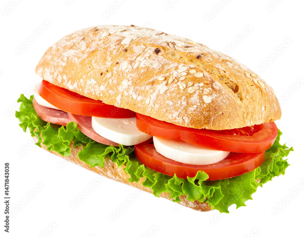 Delicious Italian Sandwich with Mozzarella Tomato and Lettuce Isolated on Transparent Background