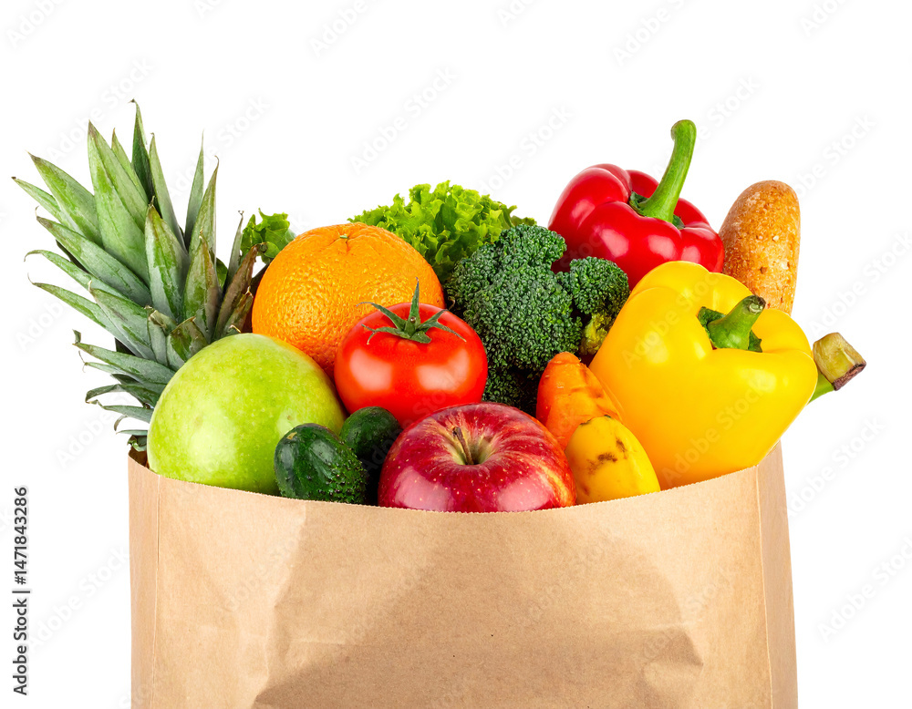 Fresh fruits and vegetables in a grocery bag healthy eating and shopping