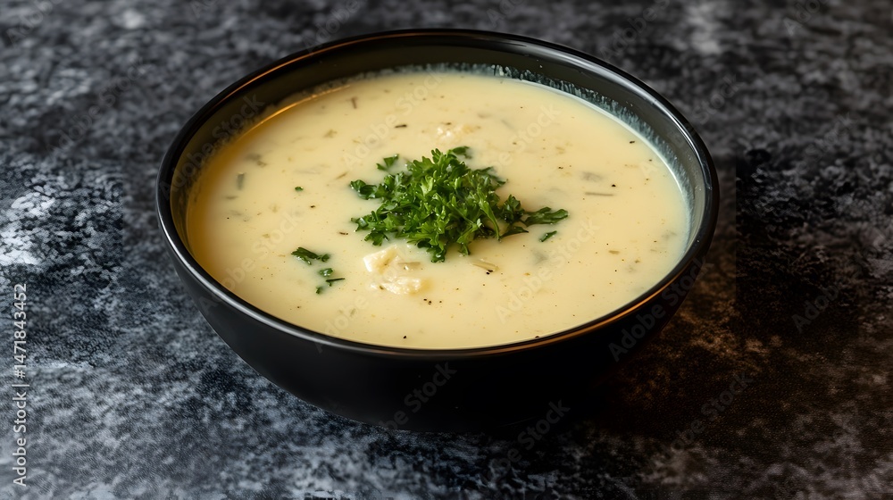 Creamy Potato Soup in Black Bowl Garnish with Parsley Creamy Potato Soup in Black Bowl Garnish with Parsley