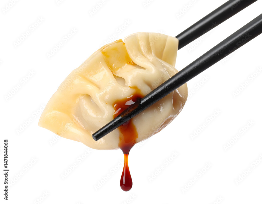 Dumpling Gyoza with Soy Sauce on Chopsticks Isolated Asian Cuisine Food Photography