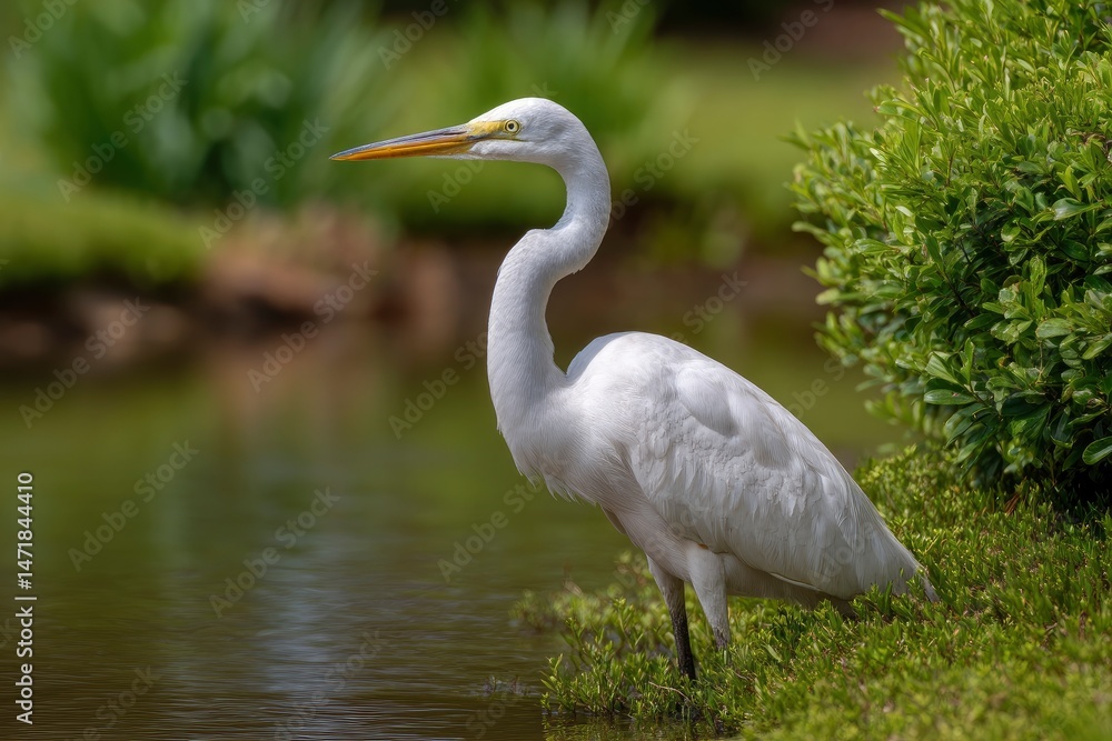 Fototapeta premium Elegant Great Egret by the Pond: Serene Wildlife Photography