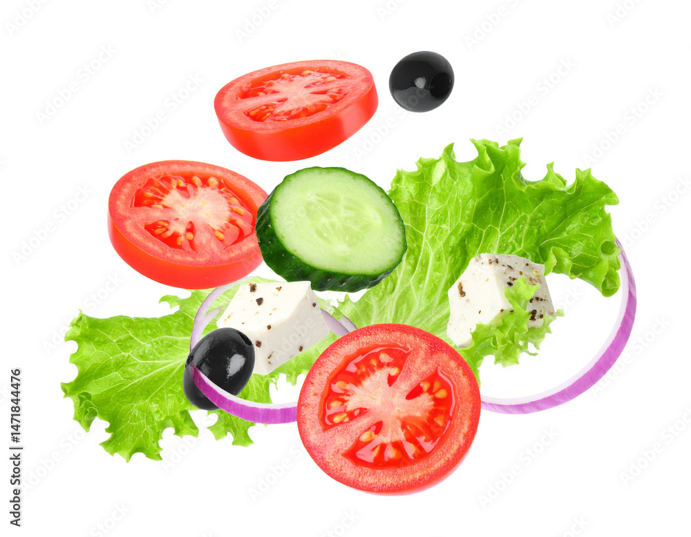 Fresh Salad Ingredients Isolated Vegetables Tomatoes Cucumbers and Feta on Transparent