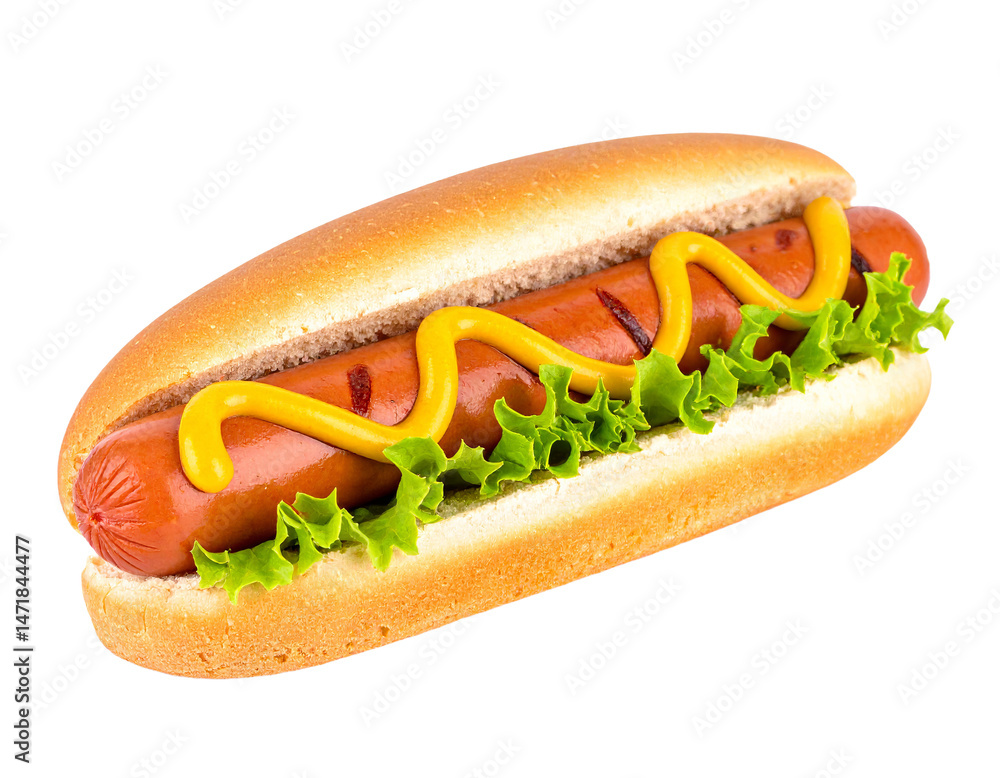 Hot Dog Isolated with Mustard and Lettuce on Transparent Background Fast Food Concept