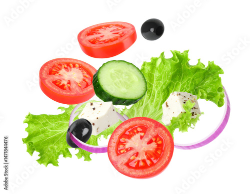Obraz na płótnie Fresh Salad Ingredients Isolated Vegetables Tomatoes Cucumbers and Feta on Transparent w salonie