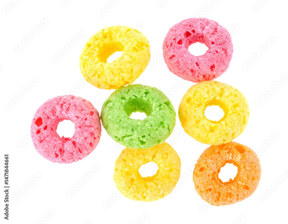 Fruity Cereal Loops Isolated on Transparent Background Colorful Breakfast Food Concept