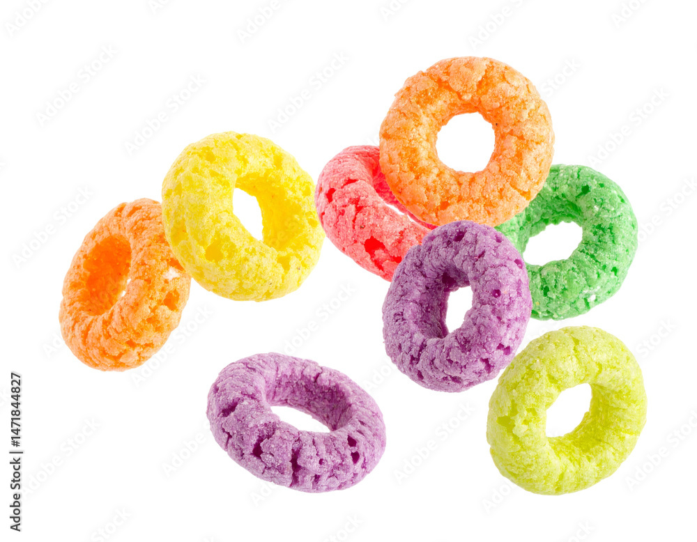 Colorful fruit cereal loops isolated on transparent background breakfast food concept