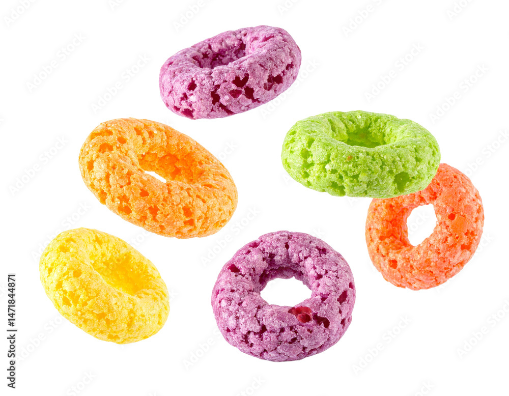 Colorful Cereal Loops Isolated on Transparent Background Fruit Flavored Breakfast Food