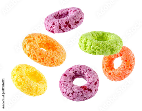 Obraz na płótnie Colorful Cereal Loops Isolated on Transparent Background Fruit Flavored Breakfast Food w salonie