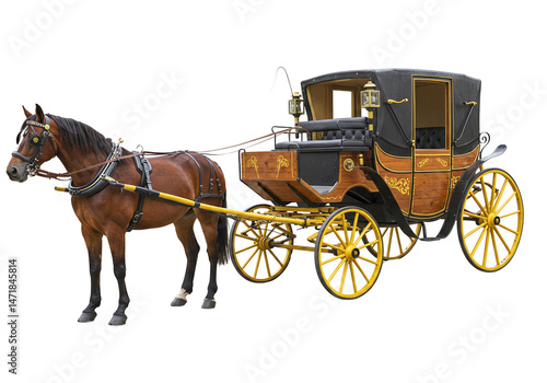 Horse-drawn carriage with brown horse on transparent background