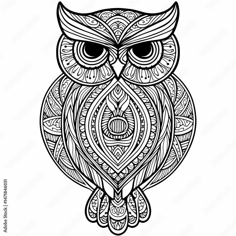 Fototapeta premium Intricate hand-drawn mandala illustration featuring a central owl in a vector-inspired style. The symmetrical design incorporates natural elements and geometric patterns