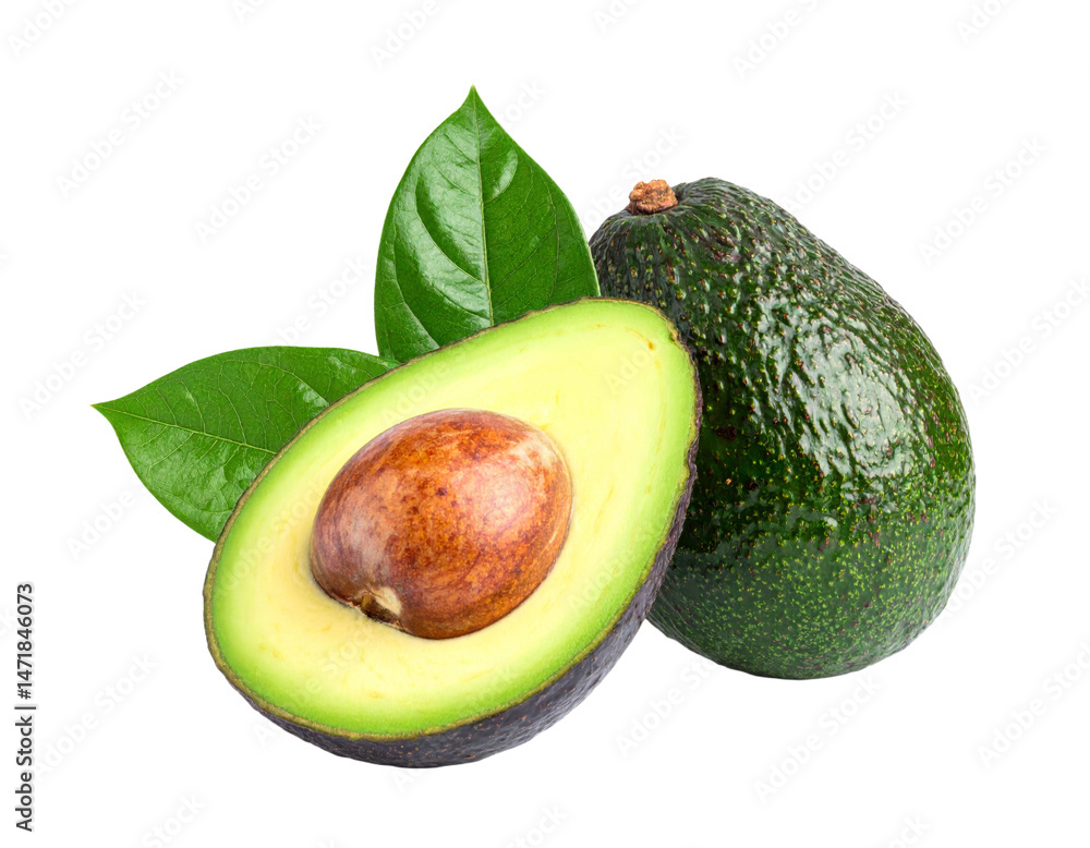 Fresh Green Avocado Halves with Leaves Isolated on Transparent Background