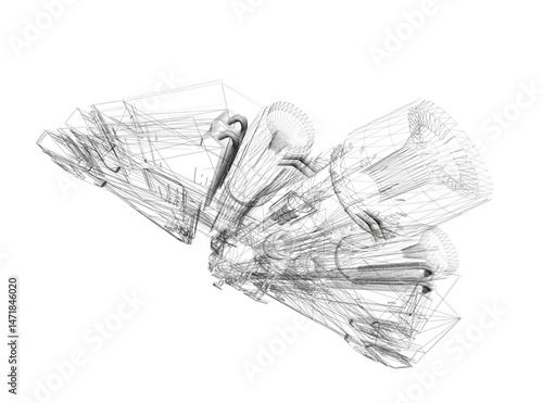 A drawing of a spaceship with a lot of detail. The drawing is in black and white and is very detailed. The spaceship is flying through space and has a lot of different shapes and lines