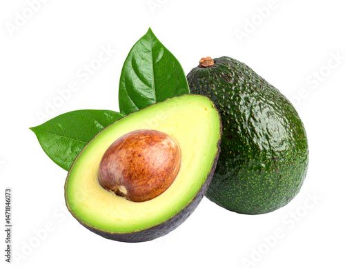 Obraz na płótnie Fresh Green Avocado Halves with Leaves Isolated on Transparent Background w salonie