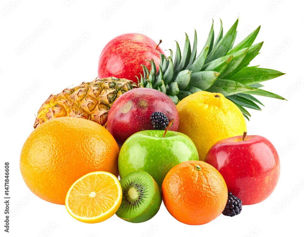 Fresh fruit assortment with pineapple apples oranges kiwi lemon isolated on black