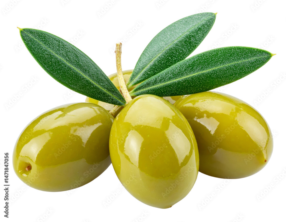 Green Olives with Leaves Isolated Food Ingredient Fresh Healthy Diet Transparent