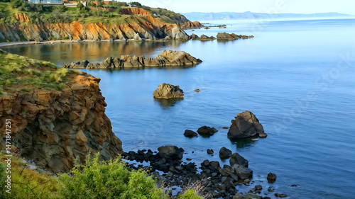 Scenic coastal landscape with rocks and tranquil blue water  
