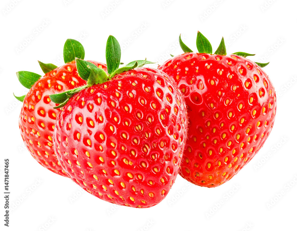 Three Fresh Red Strawberries Isolated on Transparent Background Delicious Healthy Fruit