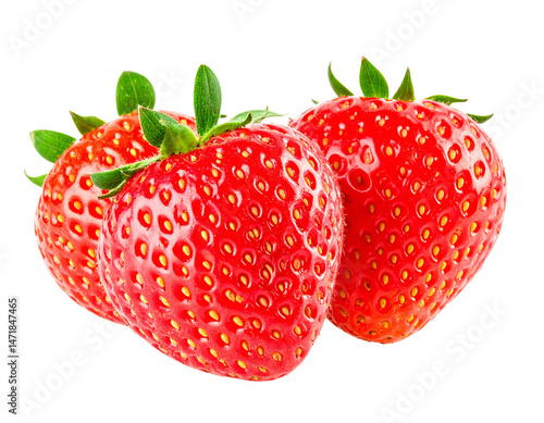 Obraz na płótnie Three Fresh Red Strawberries Isolated on Transparent Background Delicious Healthy Fruit w salonie