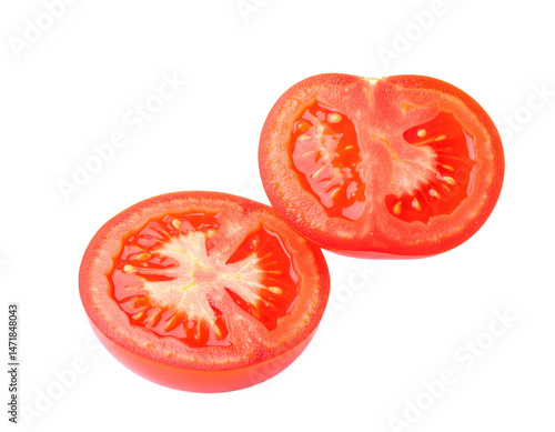 Obraz na płótnie Two Halves of a Fresh Red Tomato Isolated on Black Background Healthy Food w salonie