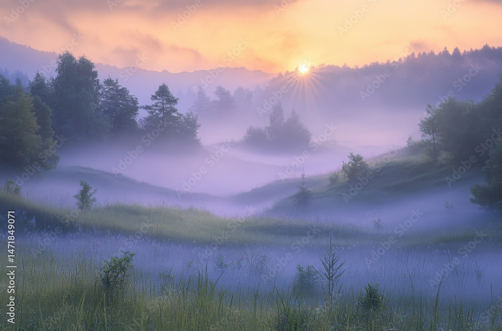 Fototapeta premium Morning dew on grass during foggy sunrise