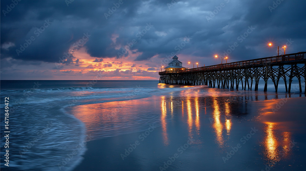 Fototapeta premium Evening view of wooden pier with calm water reflecting lights under stormy sky