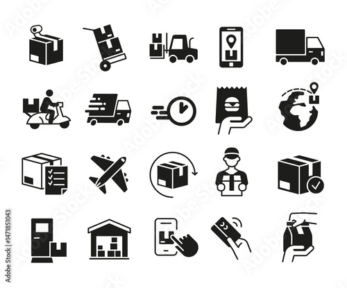 Delivery icons. Large set of delivery and logistics silhouette icons. Package, Truck, Scooter, Warehouse icon. Design signs for web page, mobile app, and logistics presentation. Vector illustration.