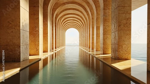 Architectural marvel featuring a serene water corridor and stunning column reflections
