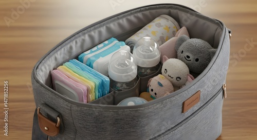 Gray diaper bag filled with baby bottles, toys, baby wipes, and other supplies for caring for a baby, sitting on a wooden surface.