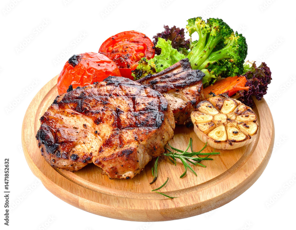 Grilled Pork Steak with Vegetables Isolated Food Photography BBQ Cuisine Culinary