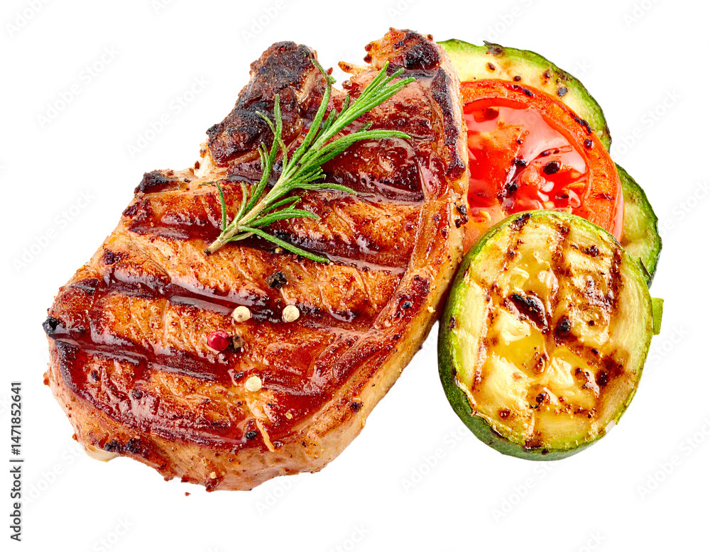 Grilled Pork Steak with Vegetables Isolated on Transparent Background Food Photo
